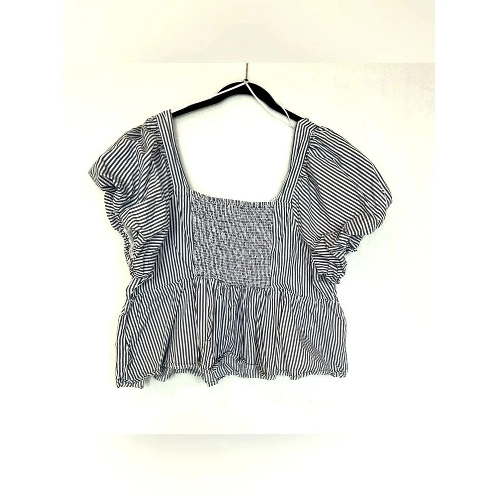 Old Navy Coastal Puff Sleeve Peplum Top XXL Cotton Striped Blue White Smocked